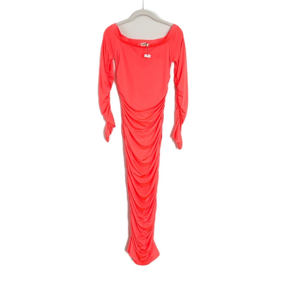 L’Agence Kamali Ruched Off-Shoulder Dress Neon Orange Size Small - Picture 4 of 7